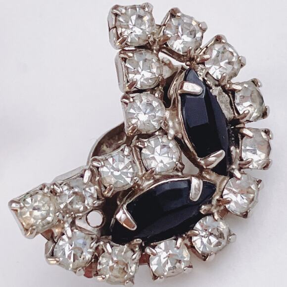 VTG Mid Century Clip On Earrings Rhinestone Crescent Silver Tone 1950s 1960s - Picture 4 of 12